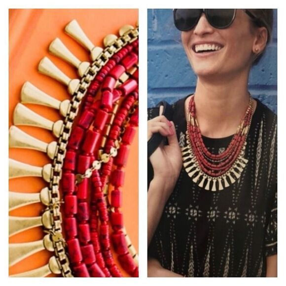 Stella & Dot 3-in-1 Bliss Statement Necklace Red Gold Beaded Layered Multistrand - Picture 1 of 14